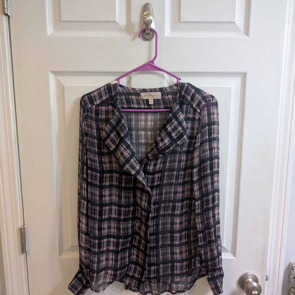 Philosophy Womens Button Up‎ Geometric Print Sheer Blouse Long Sleeve - Size S